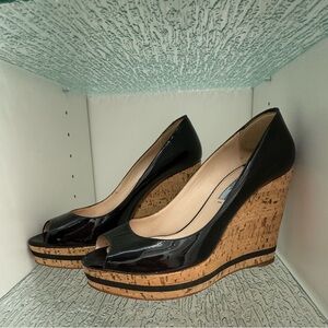 PRADA “Vern Cork” Peep Toe Wedge Black SIZE 39/ US 8.5